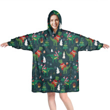 Wearable Oversized Blanket Hoodie, Green Christmas Dinosaur & Snowman Pattern, Cozy Fuzzy Pullover with Super Pockets – Compatible with Adults
