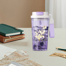 650ml Water Bottle with Straw, Floral Print BPA-Free Plastic Bottle, Lightweight with Carry Handle