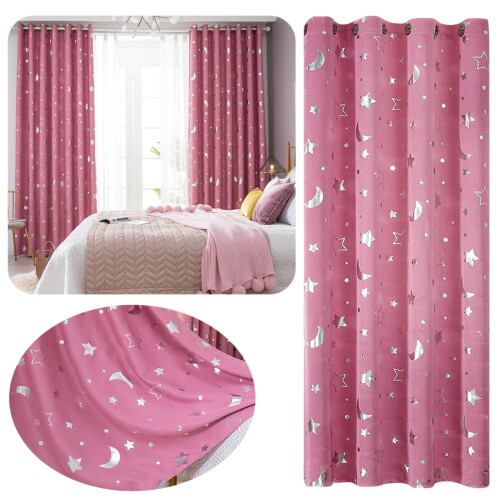 Cortinas infantis térmicas com estampa de lua e estrelas rosa (2 painéis, 193 cm), compatíveis com decoração de quarto e casa. 1