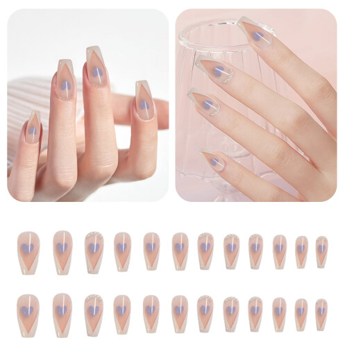 24 Unhas Postiças com Estampa de Coração Francês e Laço, 3D, com Cola (1ml) 2