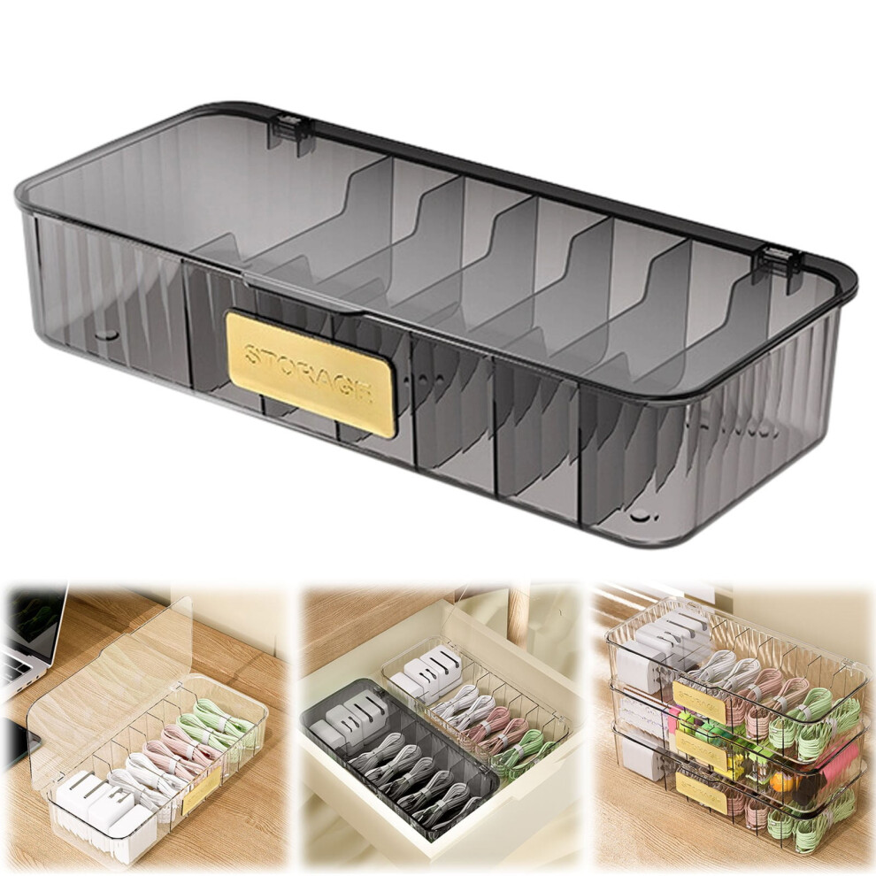 Stackable 7-Compartment Cable Storage Box For Chargers & Cords, Travel & Home, Desktop Organizer (10.8"X5.1"X2.2") 9448990557714