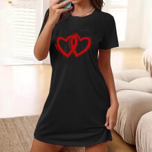 Damen-Nachthemd mit Herzprint zum Valentinstag, Kurzarm, Rundhalsausschnitt, locker geschnitten, weich und atmungsaktiv.