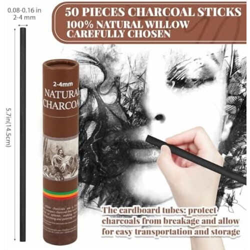 Ξυλάκια κάρβουνου Willow 2-4mm 50 τεμάχια για σκίτσο 1