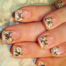 24 stuks kunstnagels met bloemenmotief, French tip, plaknagels, korte vierkante zelfklevende nagels, glinsterende nepnagels voor een feestje