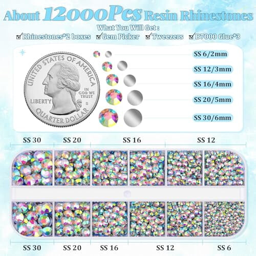 12000 τεμάχια AB Flatback Rhinestones + 3 τεμάχια B7000Glue για χειροτεχνίες, ρούχα, παπούτσια, 1