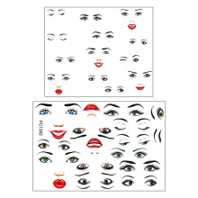 2 folhas de adesivos com expressões faciais, incluindo olhos, nariz e boca, para decoração de livros, copos e garrafas de água.