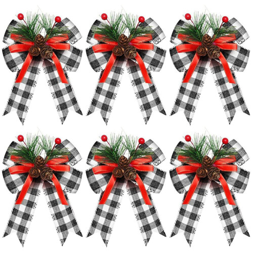 6 τεμάχια Χριστουγεννιάτικα φιογκάκια Buffalo Plaid με κουκουνάρια και βελόνες,