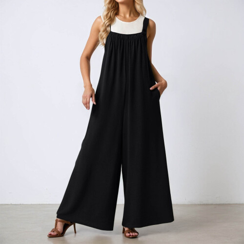 Macacão feminino de pernas largas com bolsos, macacão comprido sem mangas plus size. 1