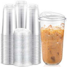 100 vasos de plástico PET transparente de 20 oz con tapas sin pajita