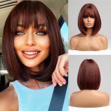 20 inch lange, steile, hittebestendige synthetische pruik voor vrouwen, middenscheiding met pony, donkere aanzet, natuurlijke look – geschikt voor