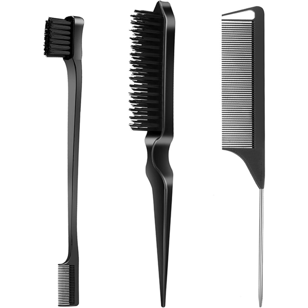 Unisex Black 3 Pcs Slick Back Hair Brush Set With Edge Brush, Bristle Brush, Rat Tail Comb, Teasing Brush Set For Smoothing Baby Hair & Flyaways