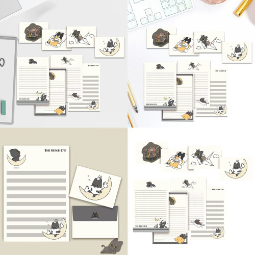 Letter writing paper with envelopes set black cats design 1