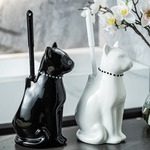 Scopa per WC e supporto con base in ceramica a forma di gatto (1 set) 2