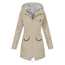 Jaqueta feminina impermeável com capuz, cor sólida, leve e casual, com cinto. Modelo corta-vento, manga comprida e forro de couro. Elegante e