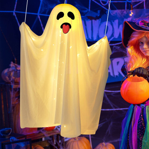 Κρεμαστά φωτιζόμενα φαντάσματα για το Halloween με τρομακτικό ζεστό λευκό LED, 1