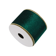 Fluwelen kerstlint, 6,35 cm breed, met gouden rand en draadversteviging, 30 meter