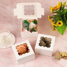 24pcs White Cookie Boxes 4x4x2.5" with Window, for Mini Cakes, Donuts, Macarons & More (with Stickers)