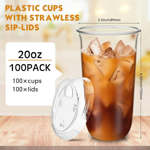 100 τεμάχια διαφανή πλαστικά ποτήρια των 20oz με καπάκια Sip, στρογγυλό πάτο, μιας 1