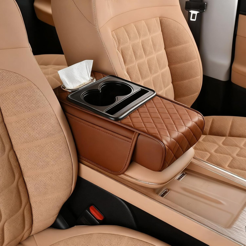 Pu Leather Car Armrest Box Mat, Universal Memory Cotton Console Cover With Cup Holder, Tissue Box & Phone Slot, Compatible With Most Cars 9422877360482