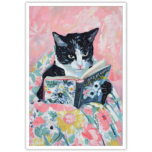 Vintage-Leinwandposter mit schwarzer Katze – Buchkunst mit rosa Blumen