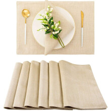 Dining Table Placemats for 6 - Durable Washable Fabric Kitchen Table Mats, 13x19 Inch, Linen Beige