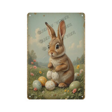 Bauernhaus-Hase mit Ei – Metallschild (20 x 30 cm) – Rustikale Wanddekoration aus Blech für Frühling, Küche, Esszimmer, Veranda – Passend zu
