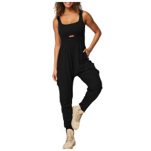 Macacão feminino casual de cor sólida com detalhes vazados artísticos, sem mangas, modelagem solta, ideal para os dias de verão, tecido leve e