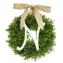 Couronne Sunxin avec nom de famille, nœud, panneau de bienvenue et guirlande – Décoration de porte style ferme 26 lettres pour toutes les saisons