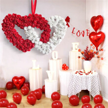 Couronne de roses artificielles en forme de cœur de 45 cm (17,71 pouces) – Guirlande florale en soie rouge et blanche pour la