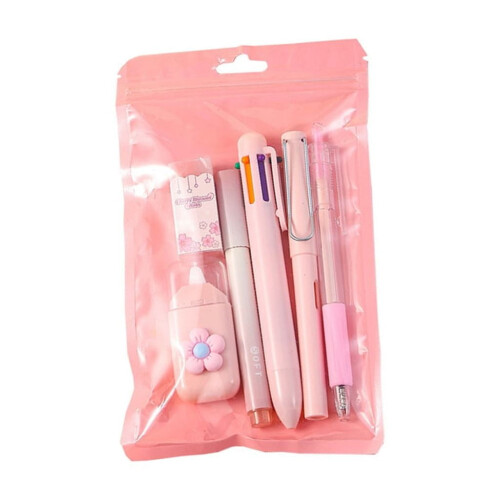 Conjunto de material escolar com canetas esferográficas multicoloridas