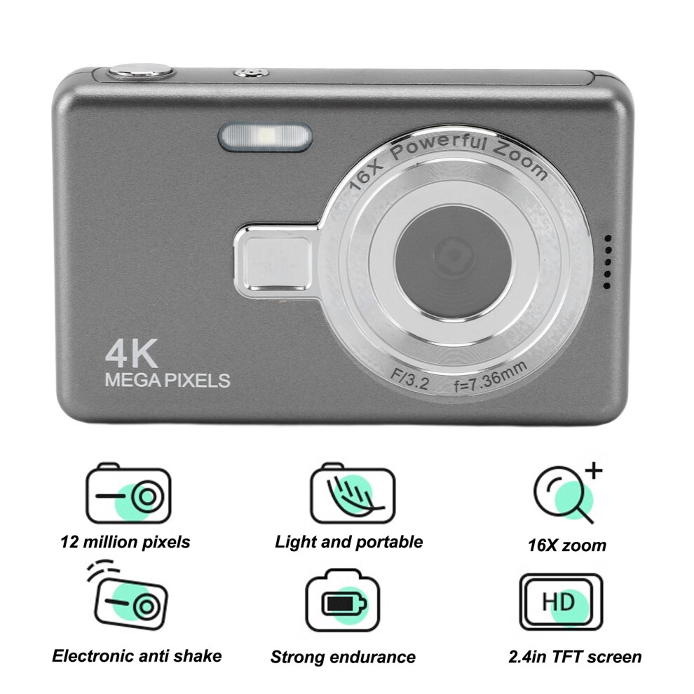 Compact Digital Camera 12Mp 1080P With 2.4In Screen 16X Zoom For Vlogging Gray 9371391096288