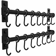 Ganchos de cocina de acero inoxidable para utensilios, ollas, sartenes y tazas – Barra de pared con 8 ganchos, color negro, paquete de 2