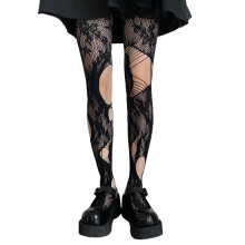 Dark Gothic Punk Fishnet Pantyhose, Ripped Mesh Tights with Rose Floral Jacquard, Sheer Tattoo Stockings – Compatible with Harajuku & Lolita