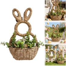 Bunny Basket Hanging Wall Pocket – Handwoven Wicker Easter Decor, Rabbit Picnic Hamper for Eggs Storage