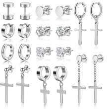 Titanium Steel Cross Dangle Earrings Set for Men 10 Pairs
