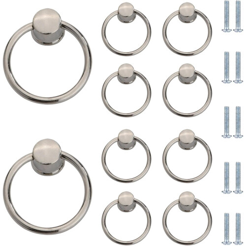 PILYON Drawer Pulls 10 Pack Ring Black Hanging Ring Drawer Ring Single Hole Pull Ring Cabinet Door Handle Large Silver