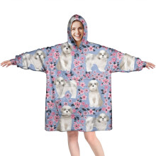 Purple Floral Wearable Blanket Hoodie for Adults – Cozy Fuzzy Pullover with Super Pockets, Compatible with Bichon Dog
