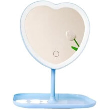 Vanity Mirror, Heart-Shaped Makeup Mirror with Three-Level Dimming and LED Lights for Girls and Students (Blue)