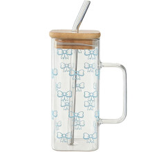 Square Glass Tumbler with Bamboo Lid & Straw, 400ml