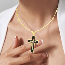 Classical Drip-Painted Colorful Cross Pendant Necklace, Gold-Plated Copper Chain with Azorite Stone for Unisex Wear