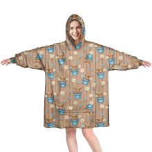 Brown Highland Cow Bucket Flower Wearable Oversized Blanket Hoodie, Cozy Fuzzy Pullover with Super Pockets for Women & Men