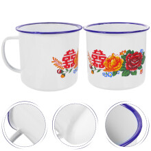 2Pcs White Enamel Mug Set Chinese Style Vintage Household Teacups with Lid and Handle