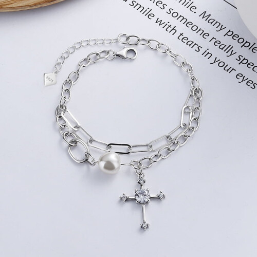 Sterling Silver Cross Pearl Double Layer Bracelet 1