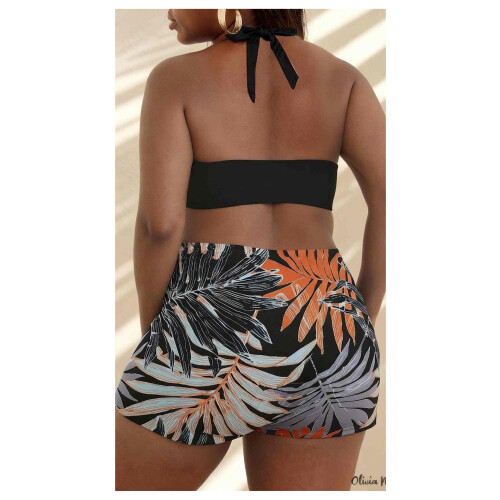 Μαύρο σετ μπικίνι plus size με κοψίματα και κλείσιμο με halter, tropical leaf 1
