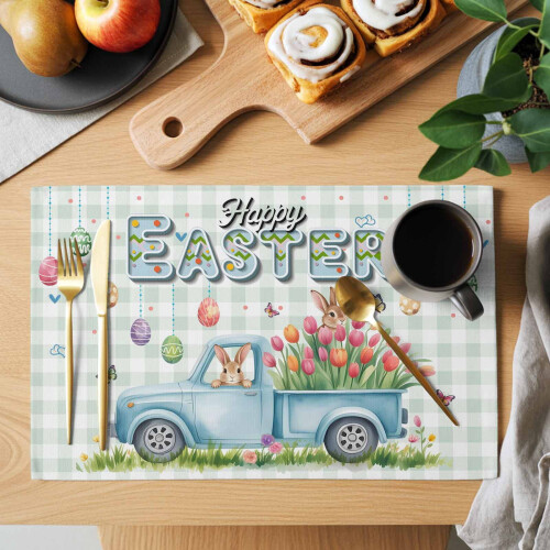 Set van 4 placemats met turquoise konijn en tulp. 1