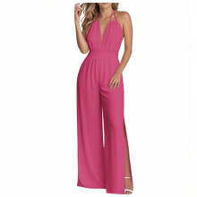 Macacão feminino liso, solto, sem mangas e com pernas largas, confortável e leve para uso casual – Rosa Pink | Ideal para o verão
