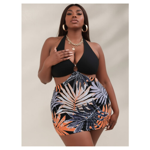 Μαύρο σετ μπικίνι plus size με κοψίματα και κλείσιμο με halter, tropical leaf