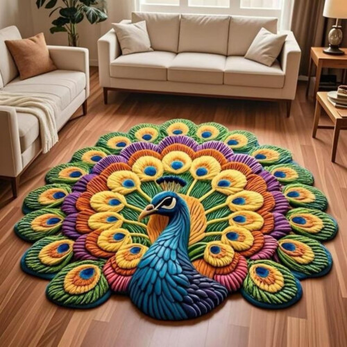 3D Peacock Floral Doormat, Αντιολισθητικό Χαλί Εισόδου 24x24 ιντσών για Εσωτερική/Εξωτερική