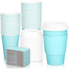 Lot de 50 gobelets à café jetables bleus avec couvercles et manchons, 35 cl, bleu clair, isothermes, parfaits pour les fêtes d'anniversaire et les