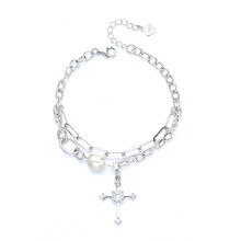 Sterling Silver Cross Pearl Double Layer Bracelet